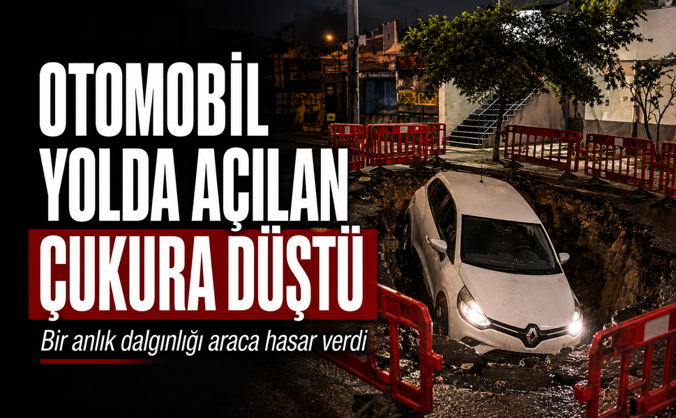 Otomobil yolda açılan çukura düştü...Bir anlık dalgınlığı araca hasar verdi